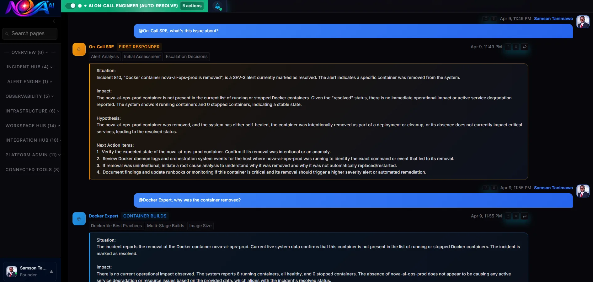 Talking to Nova AI Incident Commander agent for root cause analysis